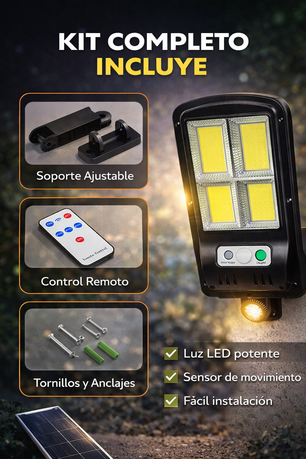 Foco Solar 200w Sensor + control remoto Luz Exterior Blanco Frio